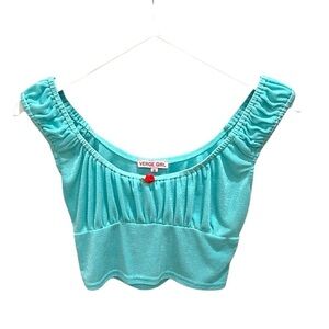 Verge Girl Off The Shoulder Shirred Bust Crop Top  SZ 8 Turquoise